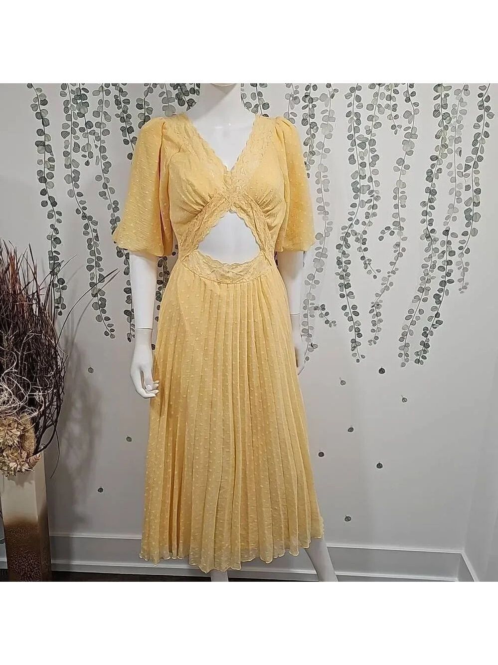 ASOS DESIGN lace insert cut out textured pleated midi dress in lemon yellow Sz 6